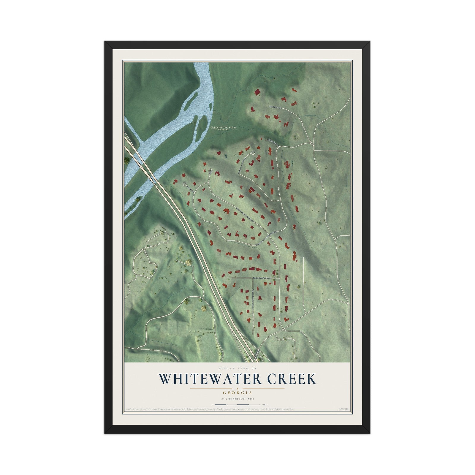 Whitewater Creek, Georgia map print, 12" x 18" W/ Black Ayous Wood Frame mockup