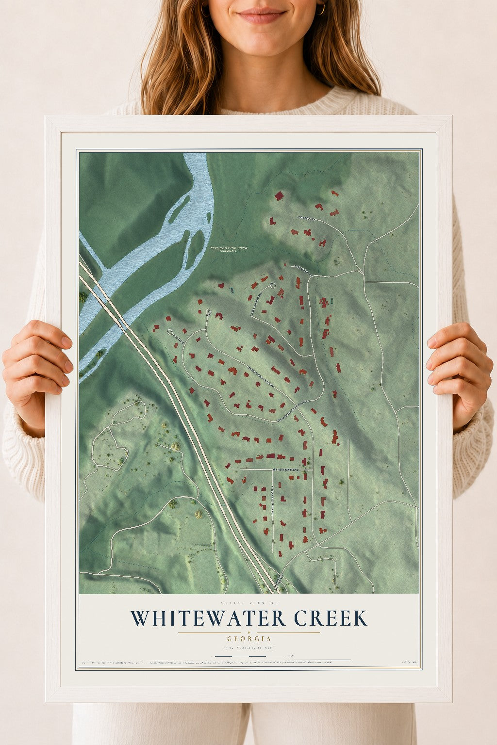 Whitewater Creek, Georgia map print, 18" x 24" W/ White Ayous Wood Frame mockup