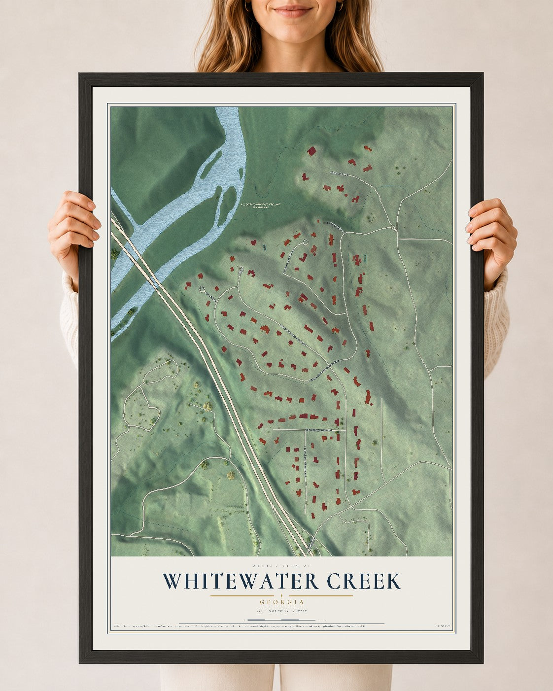 Whitewater Creek, Georgia map print, 24" x 36" W/ Black Ayous Wood Frame mockup