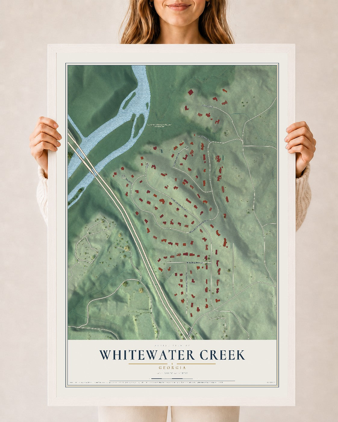 Whitewater Creek, Georgia map print, 24" x 36" W/ White Ayous Wood Frame mockup
