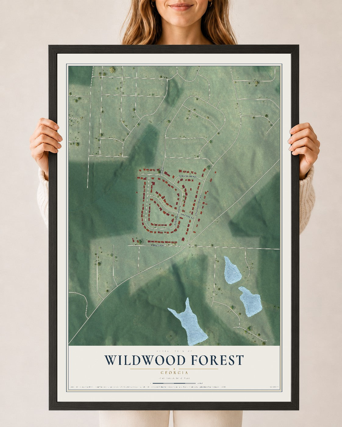 Wildwood Forest, Georgia map print, 24" x 36" W/ Black Ayous Wood Frame mockup