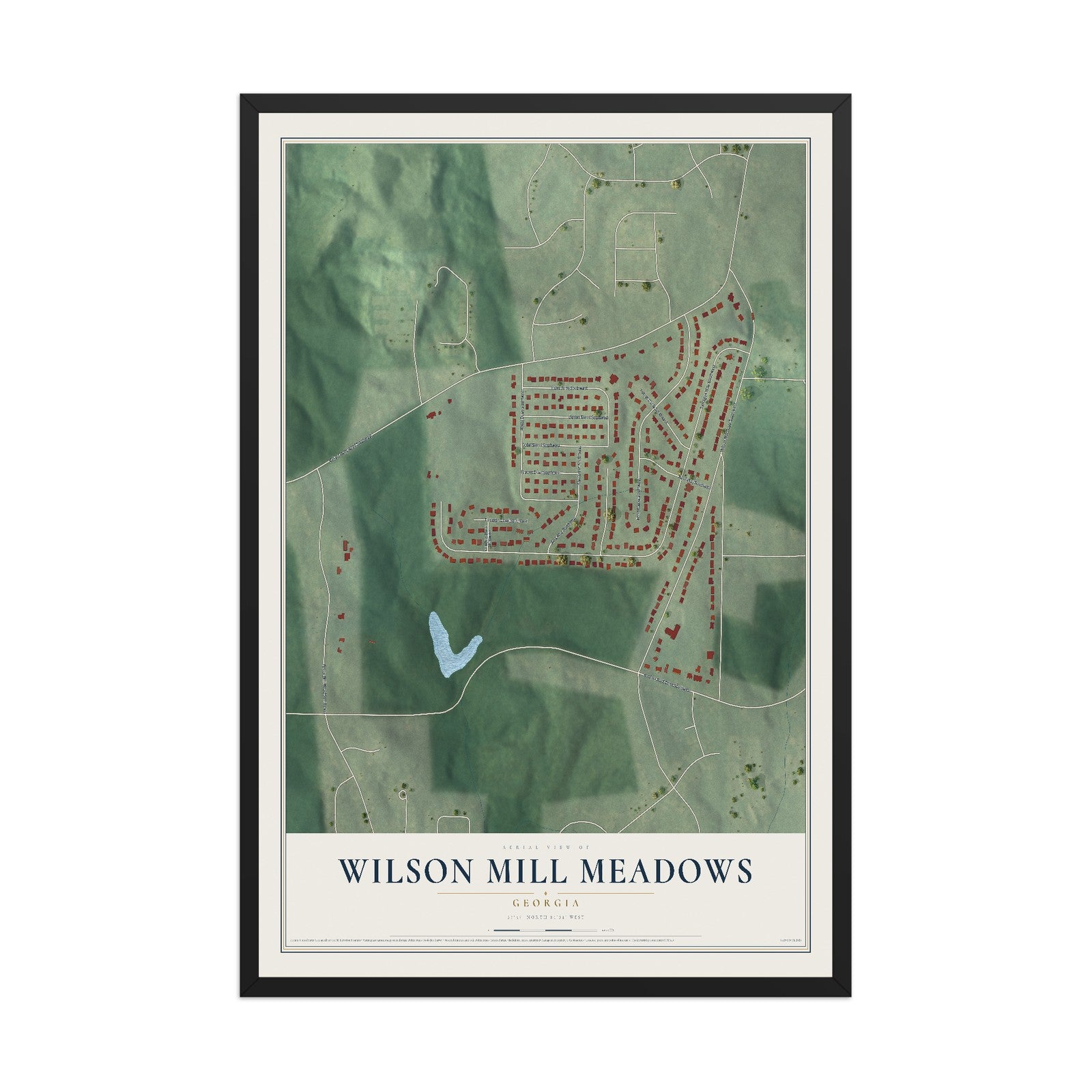 Wilson Mill Meadows, Georgia map print, 12" x 18" W/ Black Ayous Wood Frame mockup