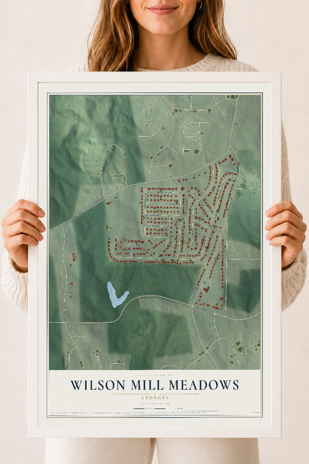 Wilson Mill Meadows, Georgia map print, 18" x 24" W/ White Ayous Wood Frame mockup