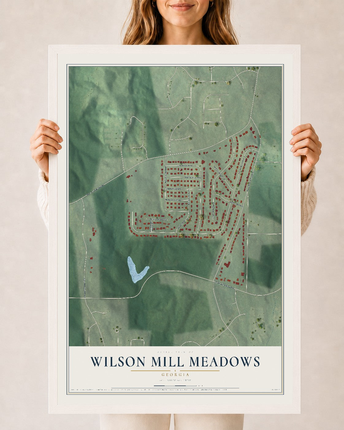 Wilson Mill Meadows, Georgia map print, 24" x 36" W/ White Ayous Wood Frame mockup