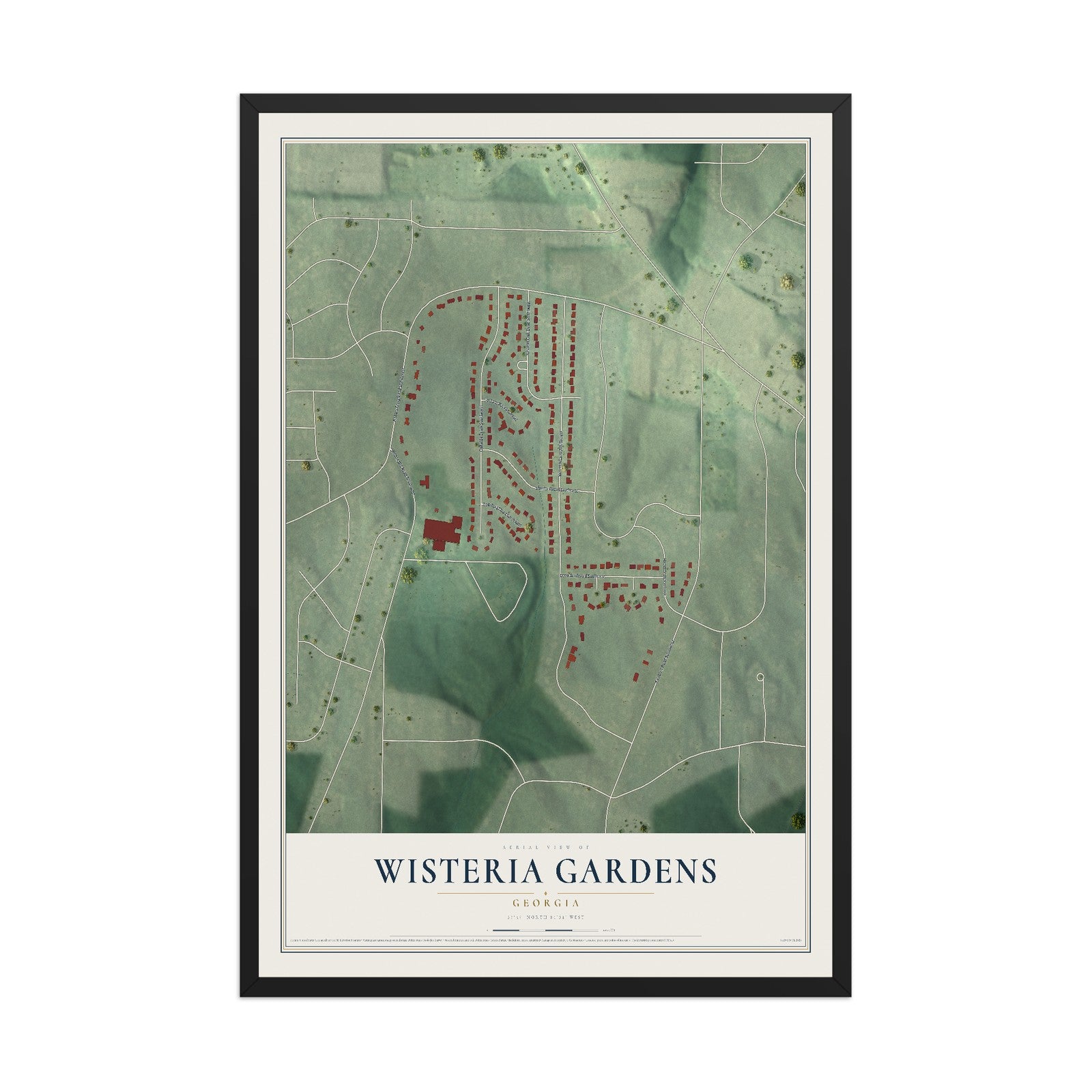 Wisteria Gardens, Georgia map print, 12" x 18" W/ Black Ayous Wood Frame mockup
