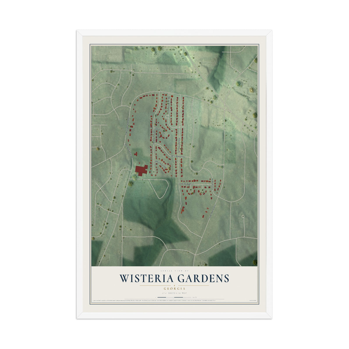 Wisteria Gardens, Georgia map print, 12" x 18" W/ White Ayous Wood Frame mockup