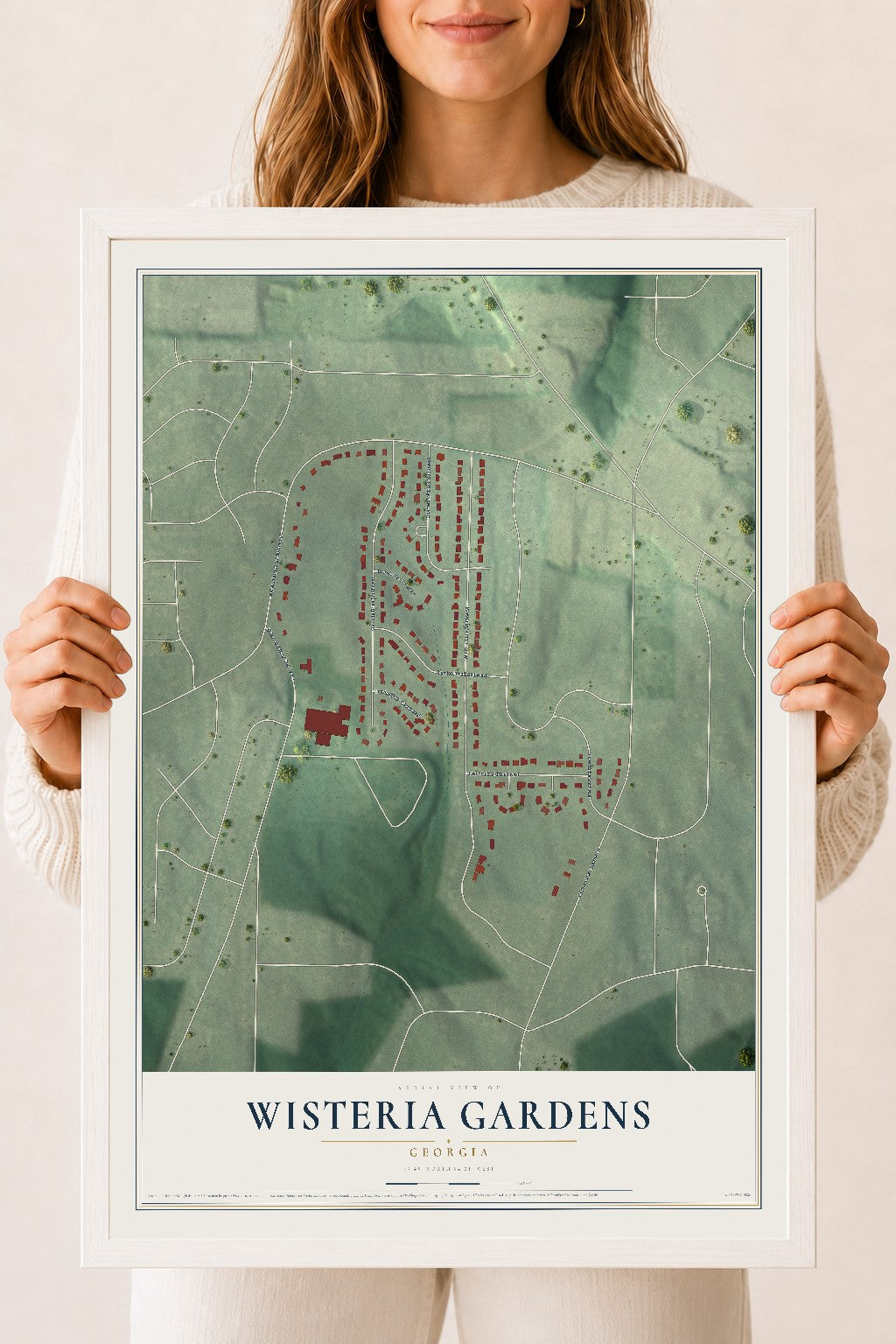 Wisteria Gardens, Georgia map print, 18" x 24" W/ White Ayous Wood Frame mockup