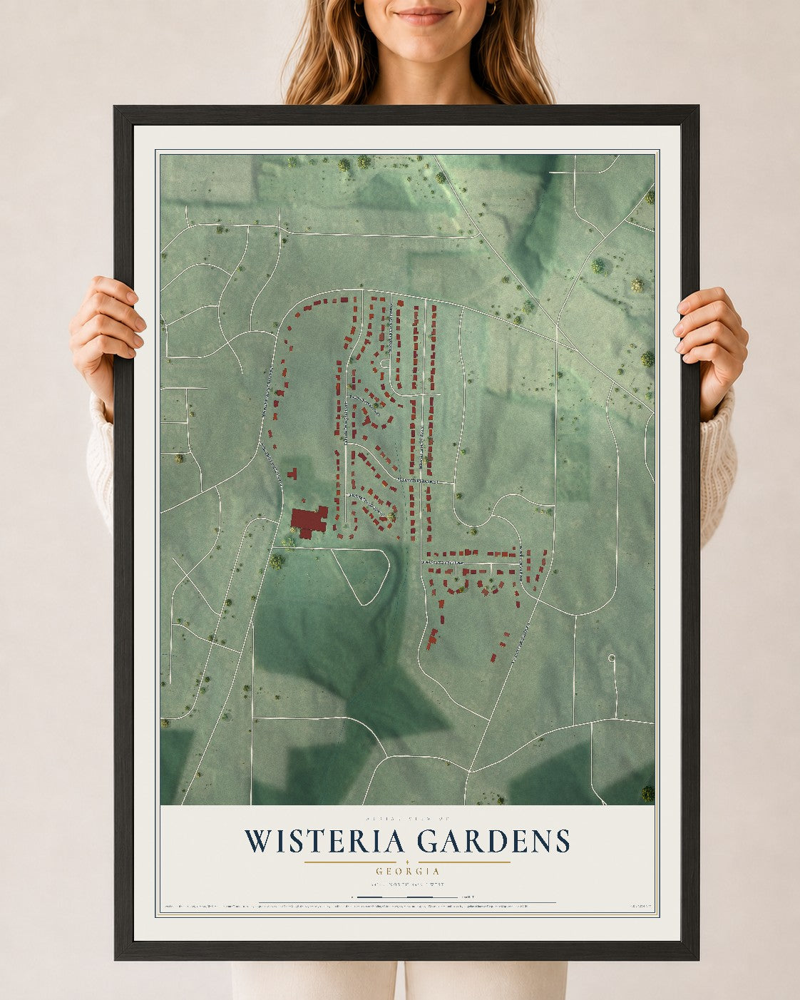 Wisteria Gardens, Georgia map print, 24" x 36" W/ Black Ayous Wood Frame mockup