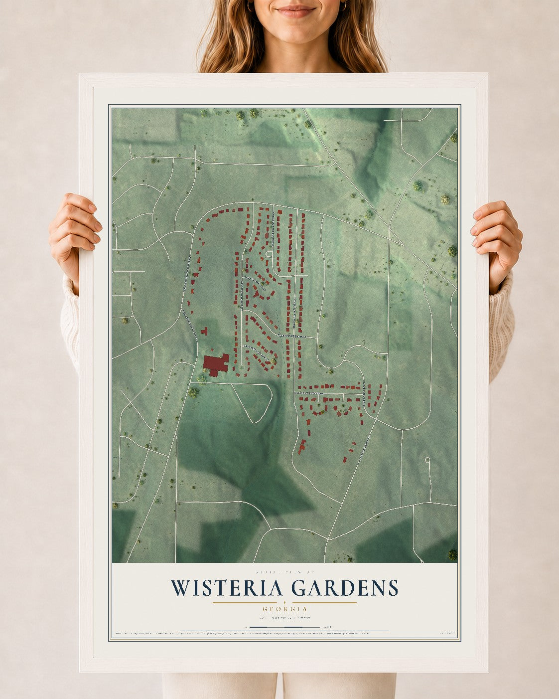 Wisteria Gardens, Georgia map print, 24" x 36" W/ White Ayous Wood Frame mockup