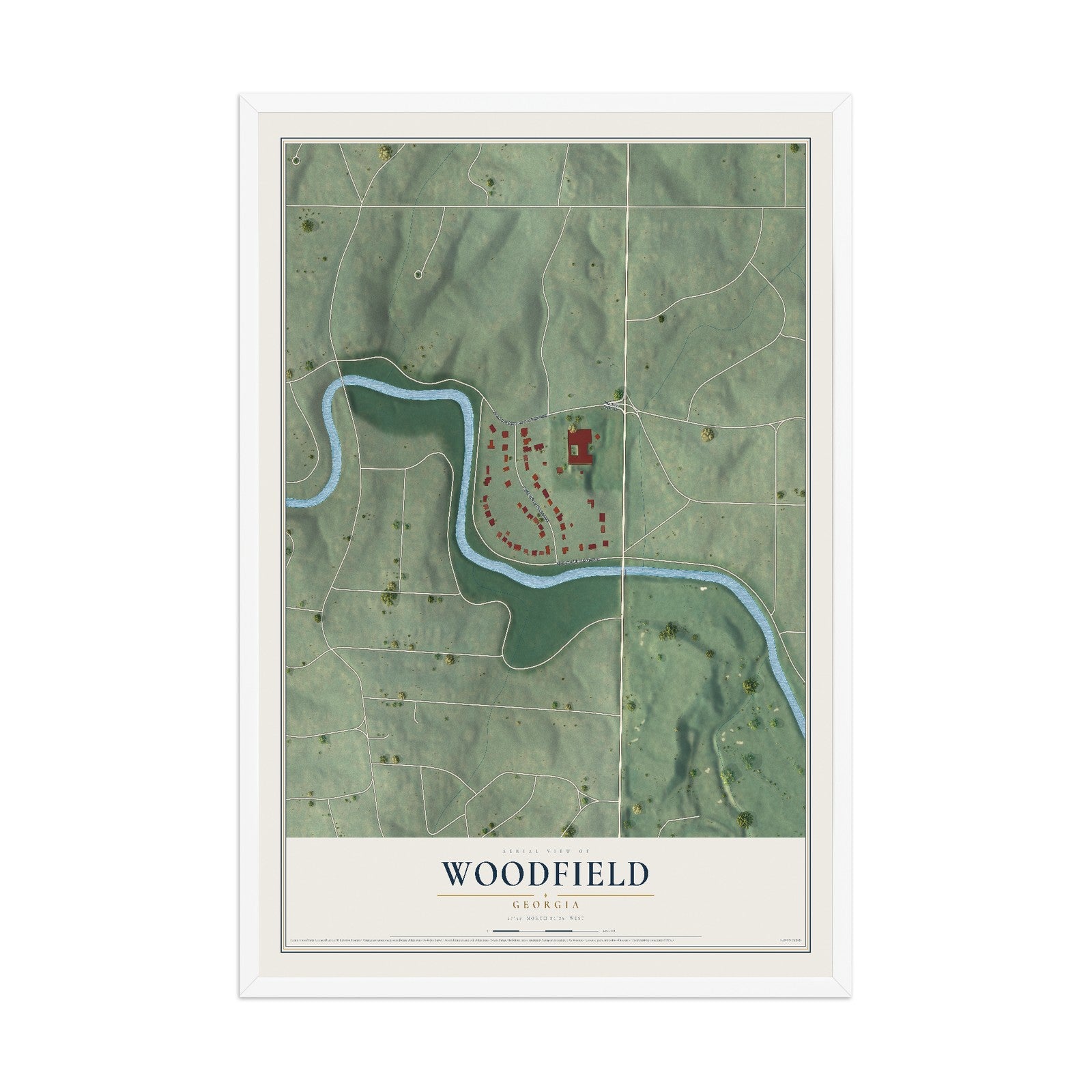 Woodfield, Georgia map print, 12" x 18" W/ White Ayous Wood Frame mockup