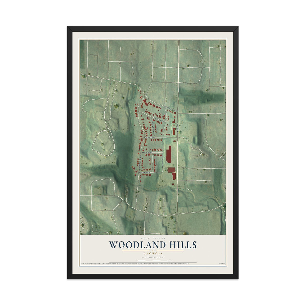 Woodland Hills, Georgia map print, 12" x 18" W/ Black Ayous Wood Frame mockup