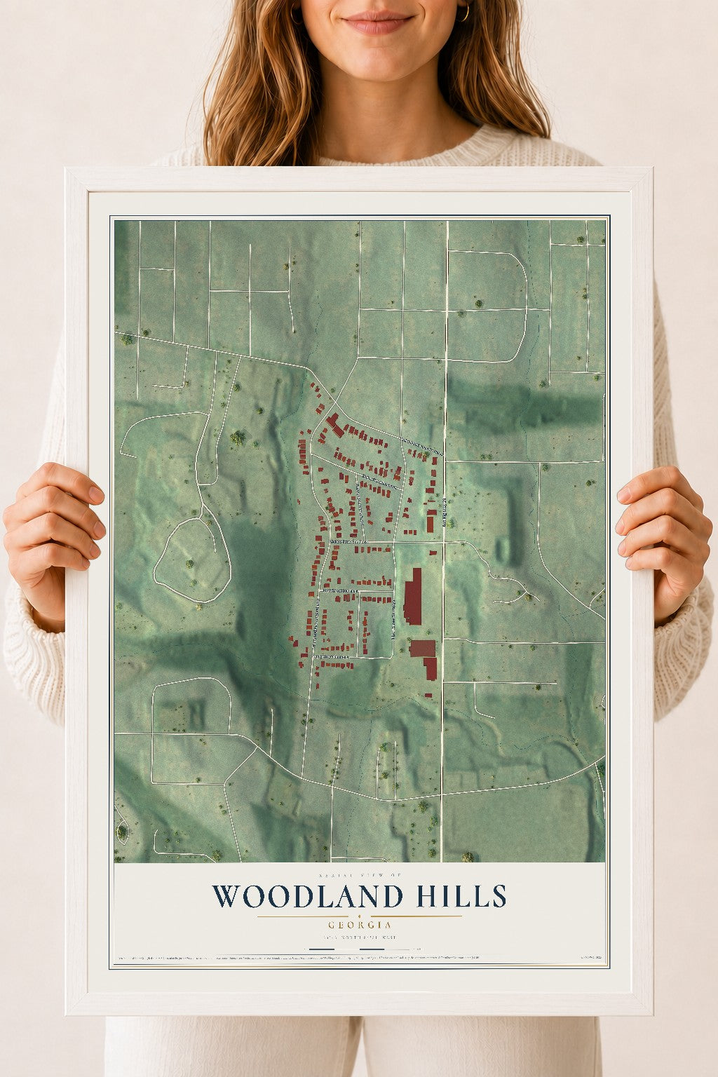 Woodland Hills, Georgia map print, 18" x 24" W/ White Ayous Wood Frame mockup