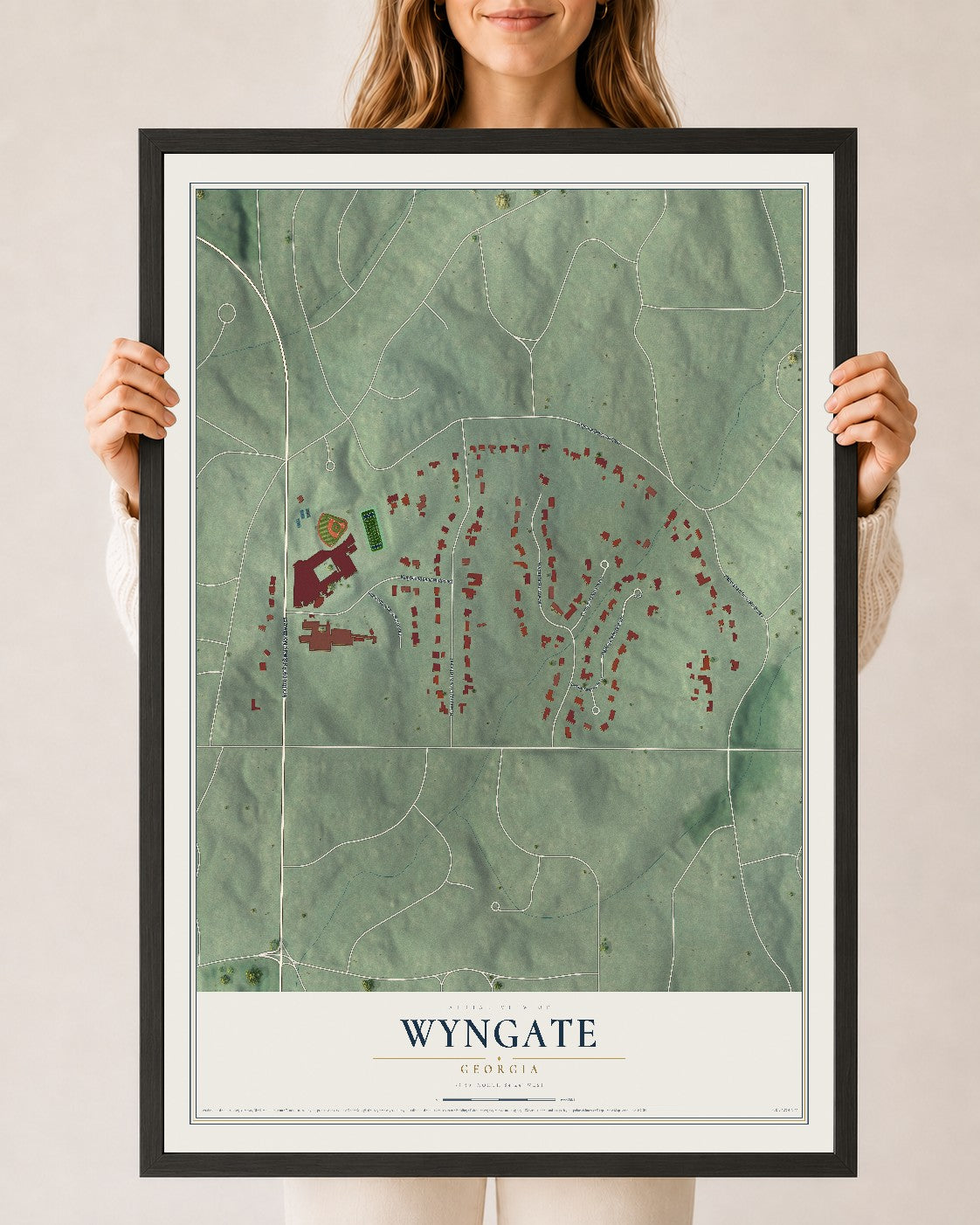 Wyngate, Georgia map print, 24" x 36" W/ Black Ayous Wood Frame mockup
