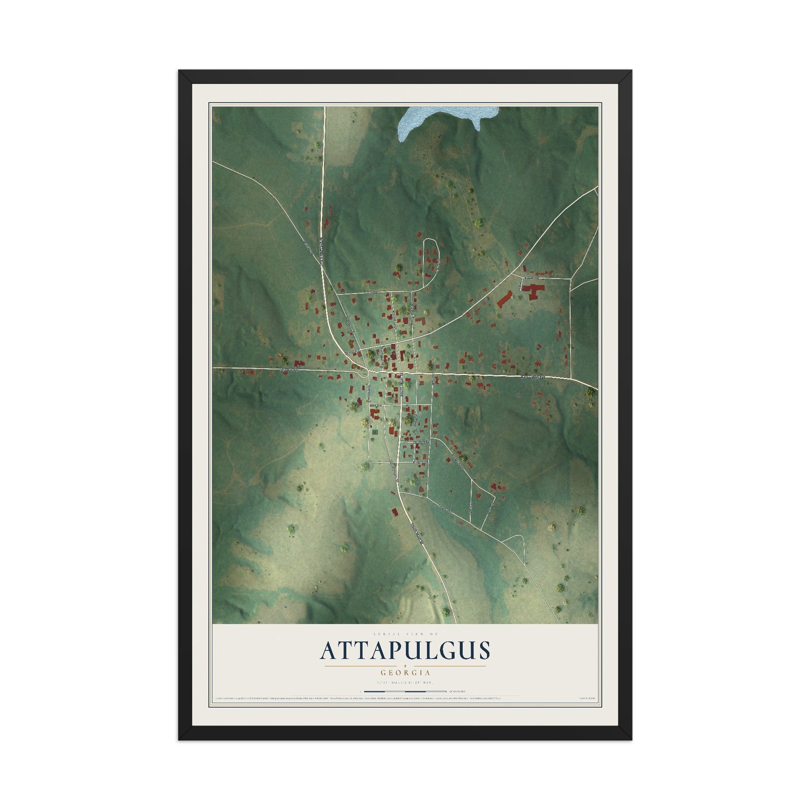 Attapulgus, Georgia map print, 12" x 18" W/ Black Ayous Wood Frame mockup