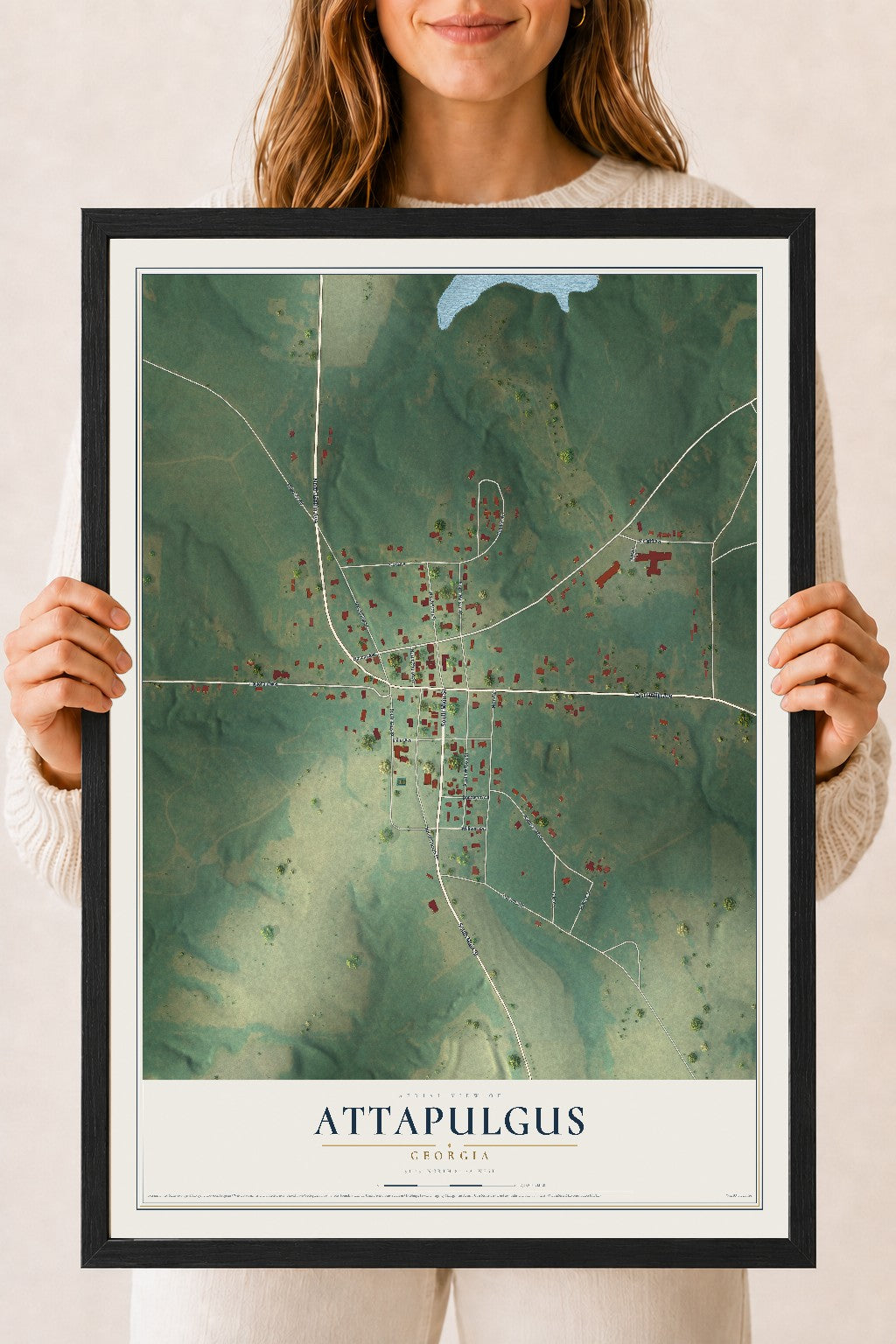 Attapulgus, Georgia map print, 18" x 24" W/ Black Ayous Wood Frame mockup