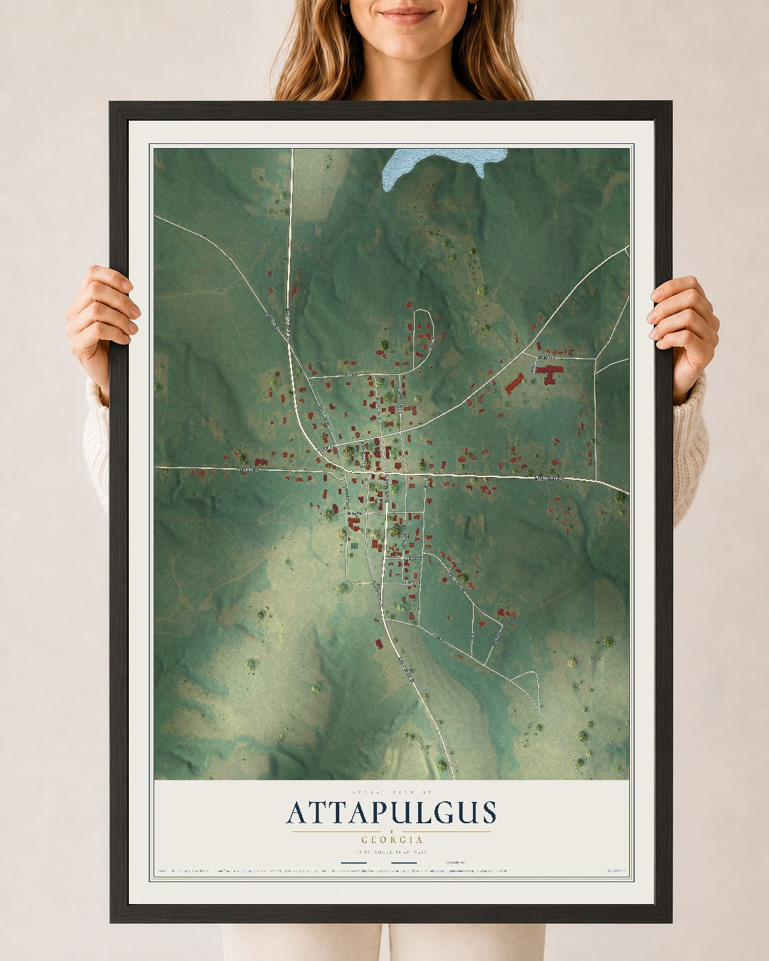 Attapulgus, Georgia map print, 24" x 36" W/ Black Ayous Wood Frame mockup