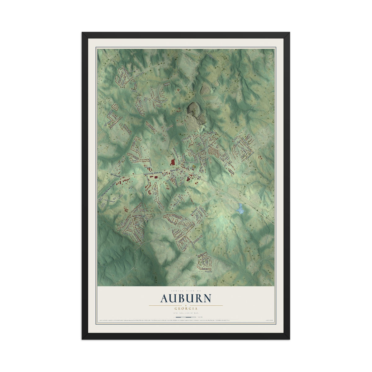 Auburn, Georgia map print, 12" x 18" W/ Black Ayous Wood Frame mockup