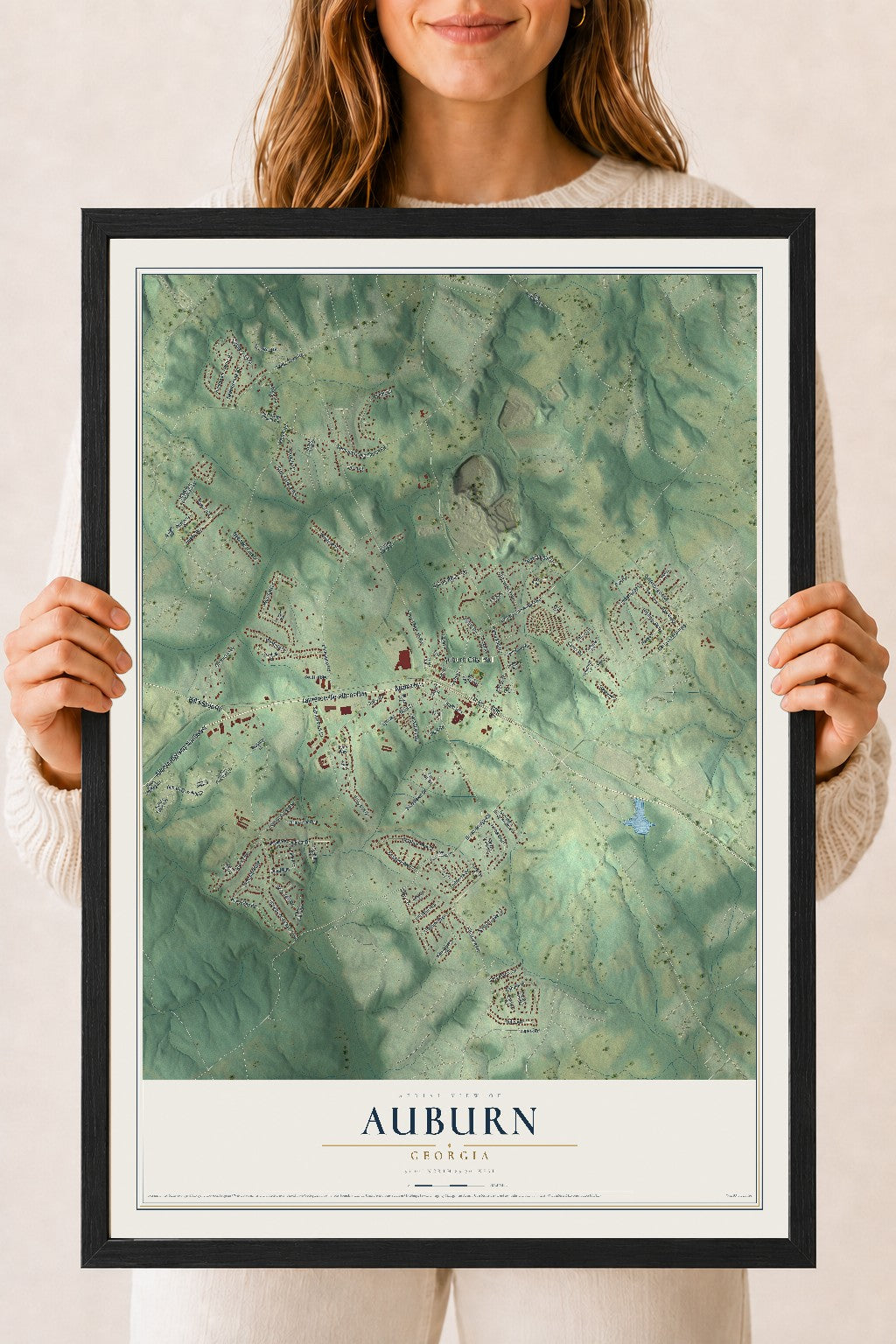 Auburn, Georgia map print, 18" x 24" W/ Black Ayous Wood Frame mockup