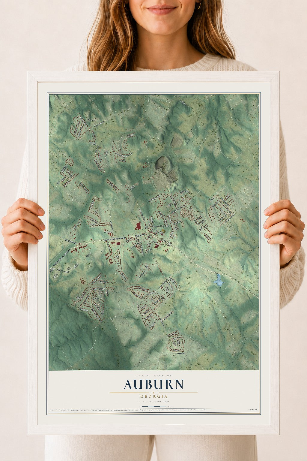 Auburn, Georgia map print, 18" x 24" W/ White Ayous Wood Frame mockup