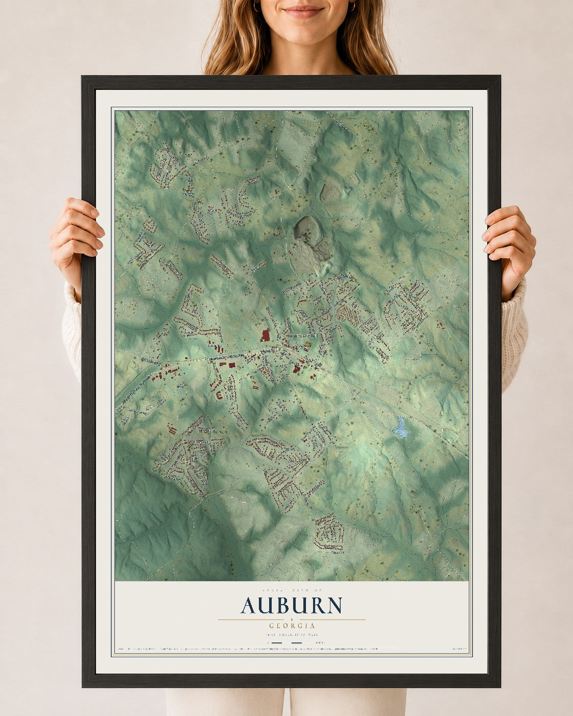 Auburn, Georgia map print, 24" x 36" W/ Black Ayous Wood Frame mockup