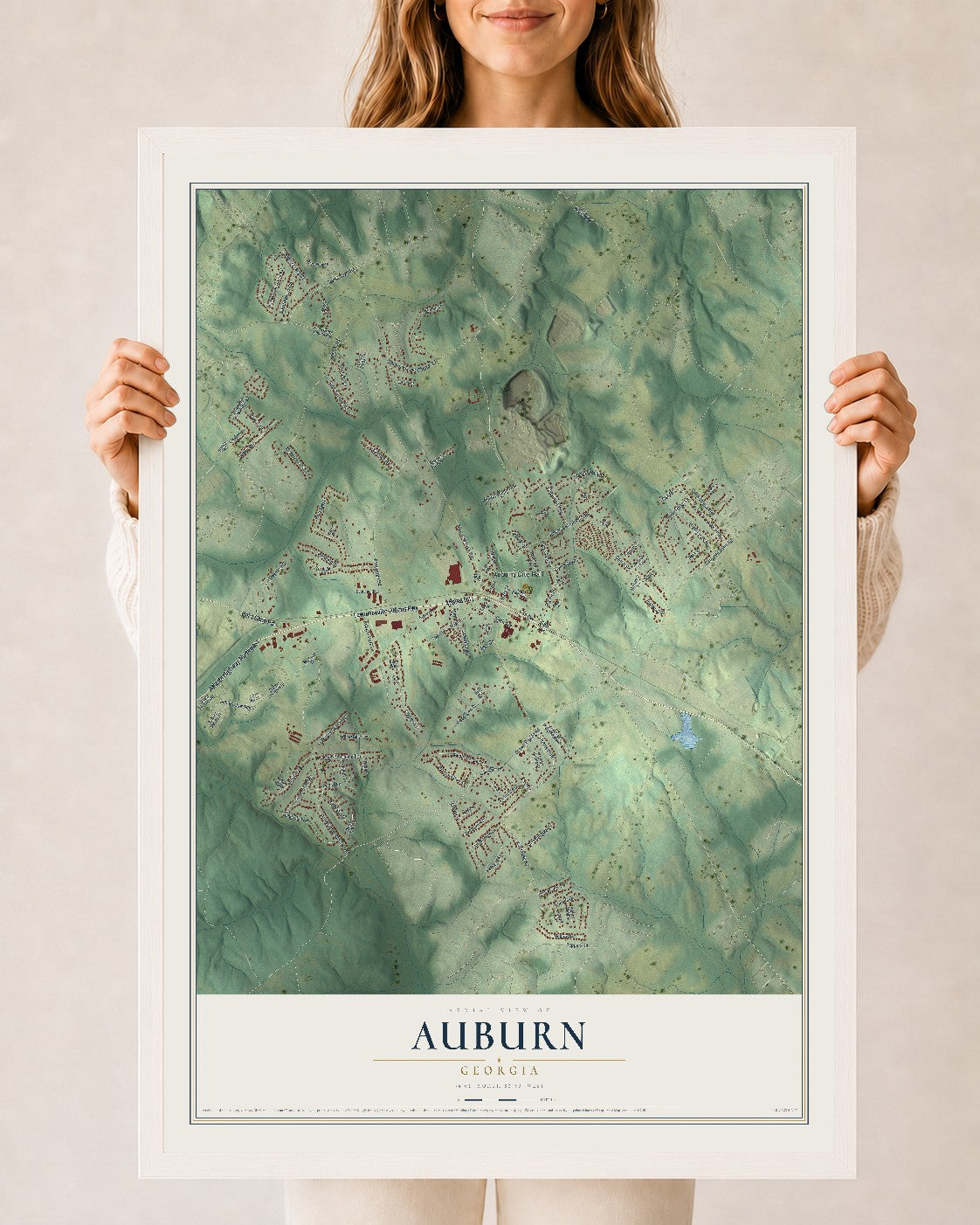 Auburn, Georgia map print, 24" x 36" W/ White Ayous Wood Frame mockup