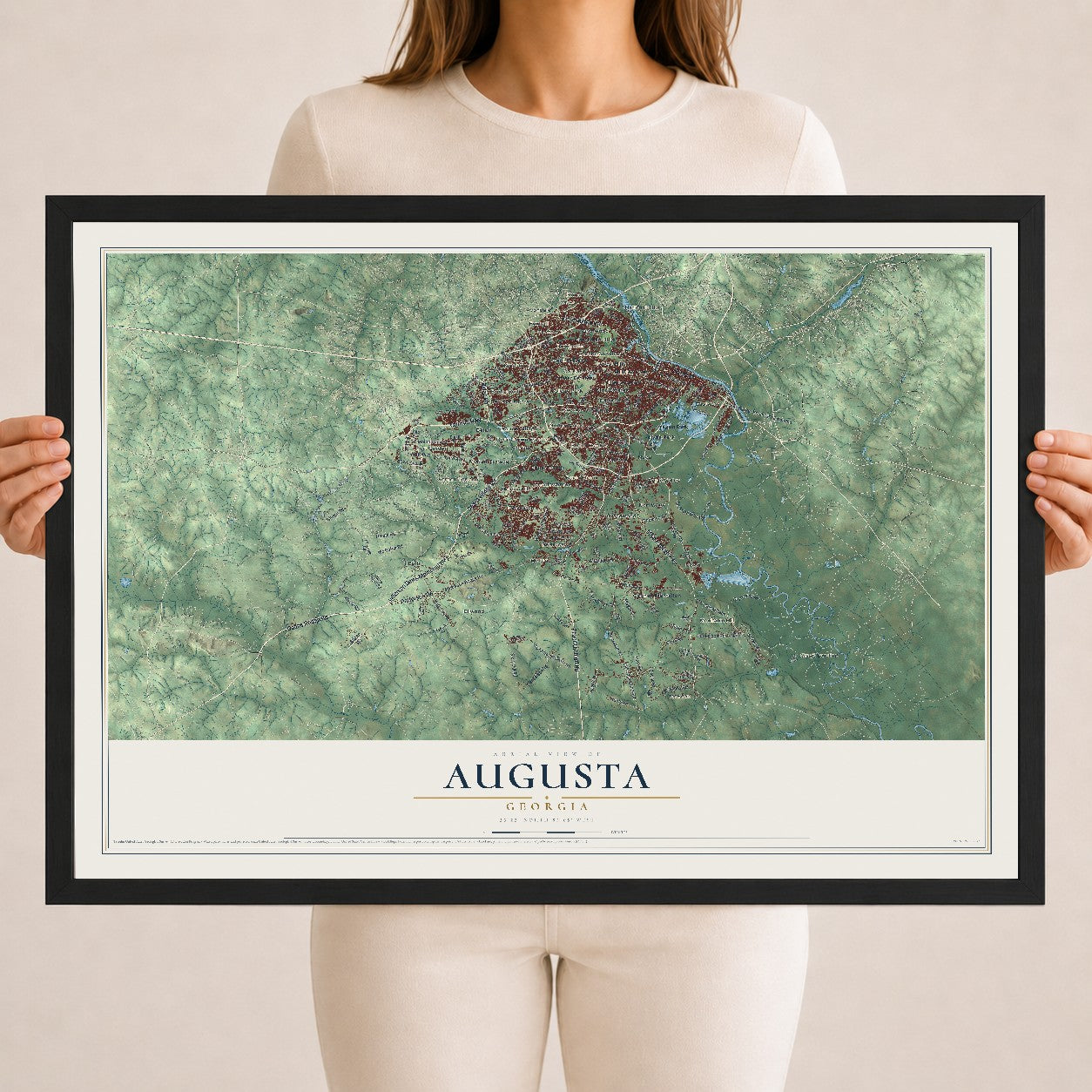 Augusta, Georgia map print, 18" x 24" W/ Black Ayous Wood Frame mockup