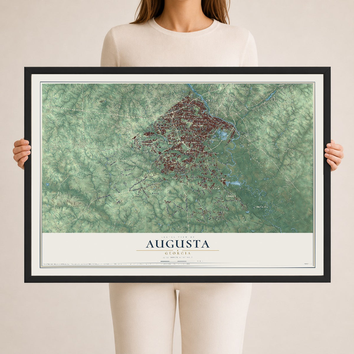 Augusta, Georgia map print, 24" x 36" W/ Black Ayous Wood Frame mockup