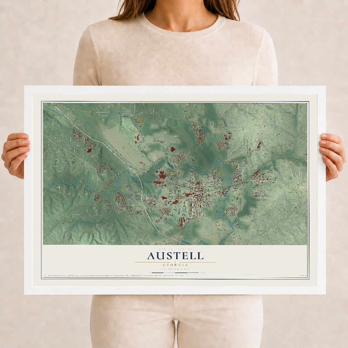 Austell, Georgia map print, 12" x 18" W/ White Ayous Wood Frame mockup