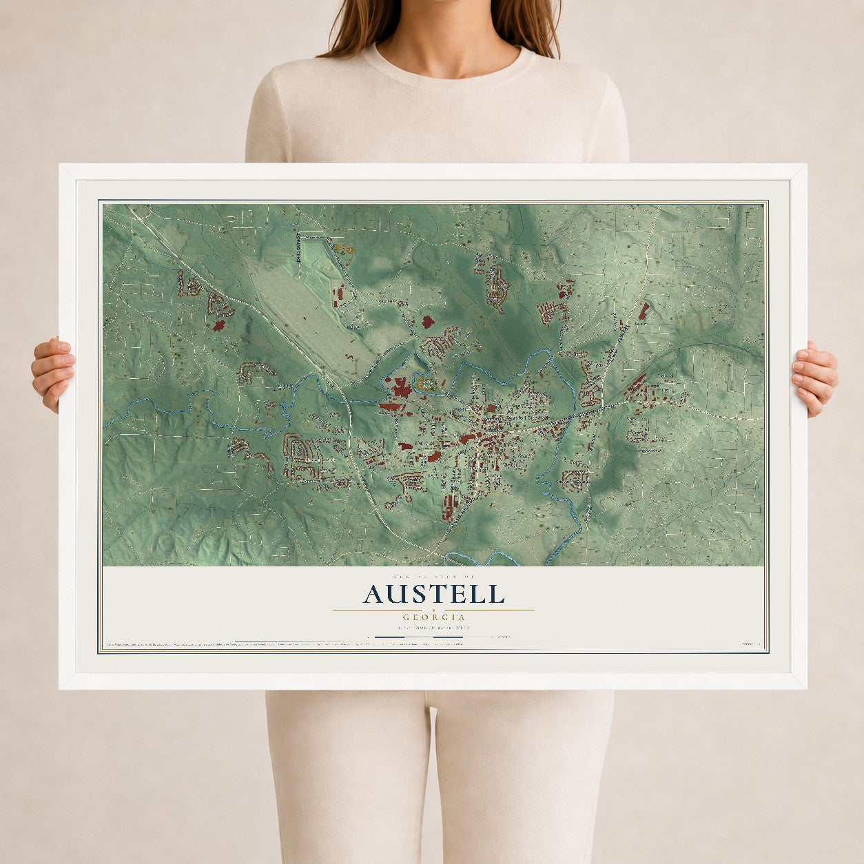 Austell, Georgia map print, 24" x 36" W/ White Ayous Wood Frame mockup