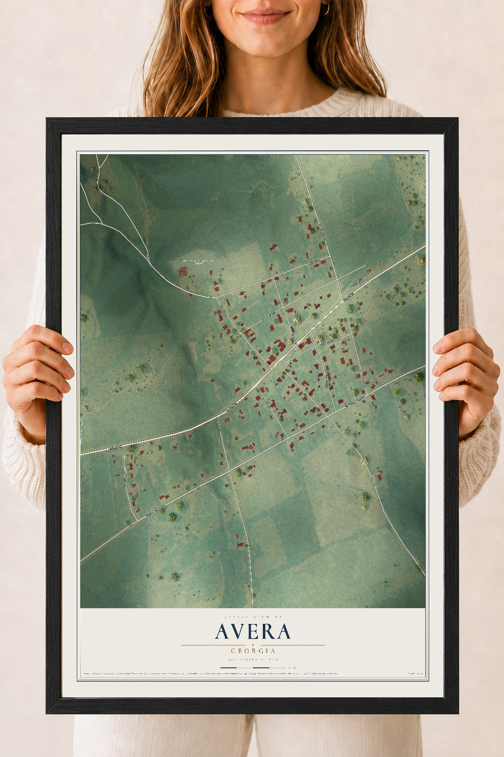 Avera, Georgia map print, 18" x 24" W/ Black Ayous Wood Frame mockup