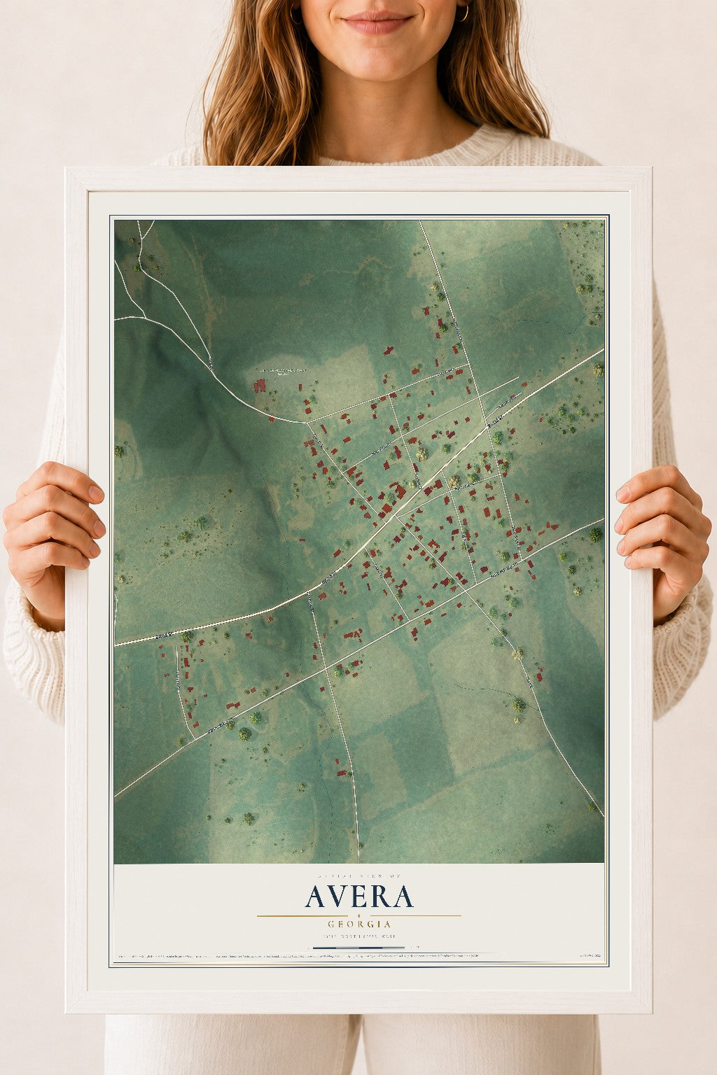 Avera, Georgia map print, 18" x 24" W/ White Ayous Wood Frame mockup