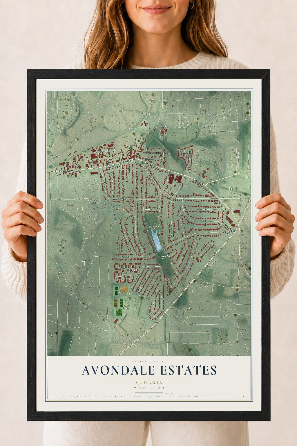 Avondale Estates, Georgia map print, 18" x 24" W/ Black Ayous Wood Frame mockup