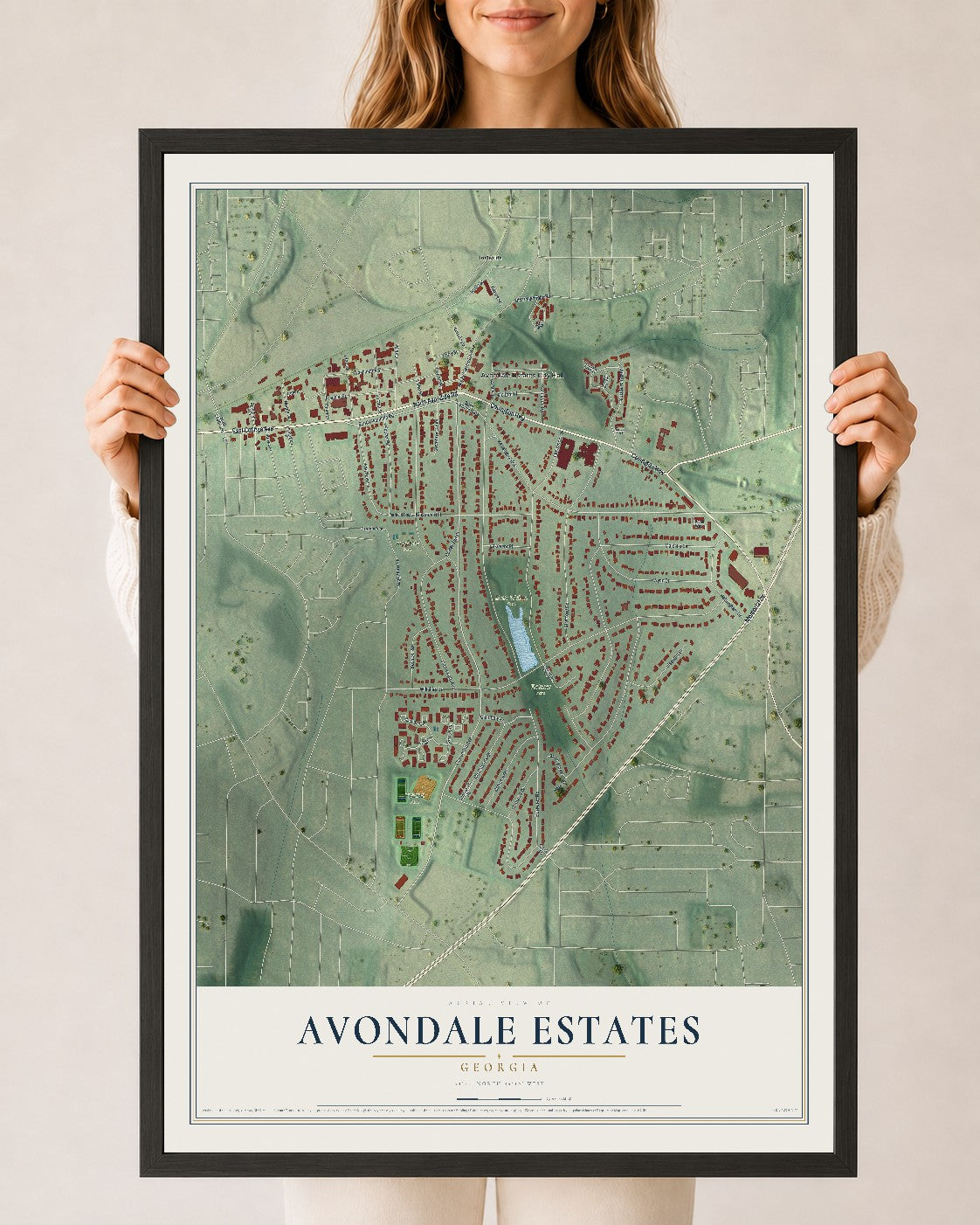 Avondale Estates, Georgia map print, 24" x 36" W/ Black Ayous Wood Frame mockup
