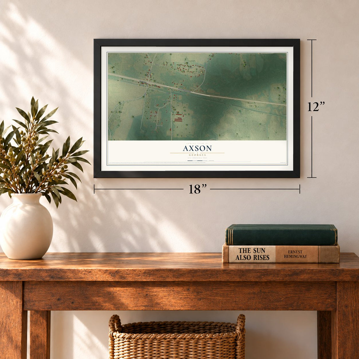 Axson, Georgia map, 12 x 18 inch print in a black frame in an entryway