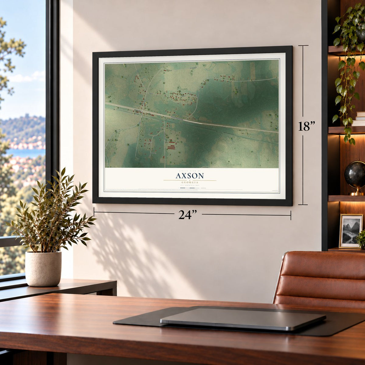 Axson, Georgia map, 18 x 24 inch print in a black frame in a home office
