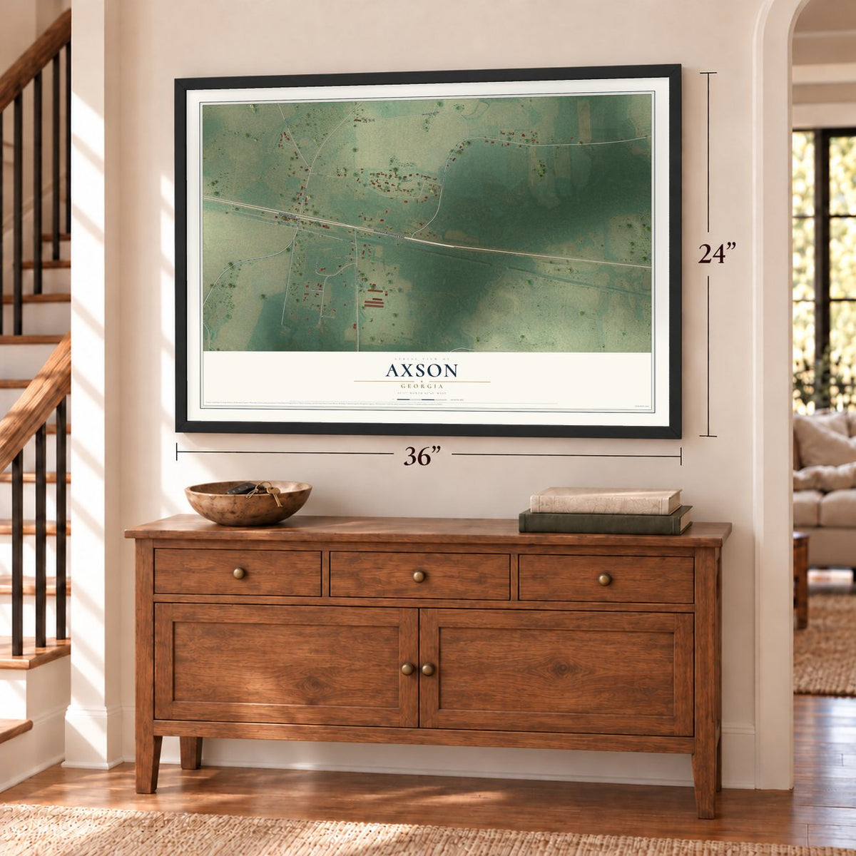 Axson, Georgia map, 24 x 36 inch print in a black frame above a dresser by a staircase