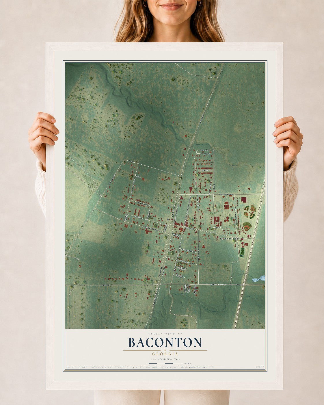 Baconton, Georgia map print, 24" x 36" W/ White Ayous Wood Frame mockup
