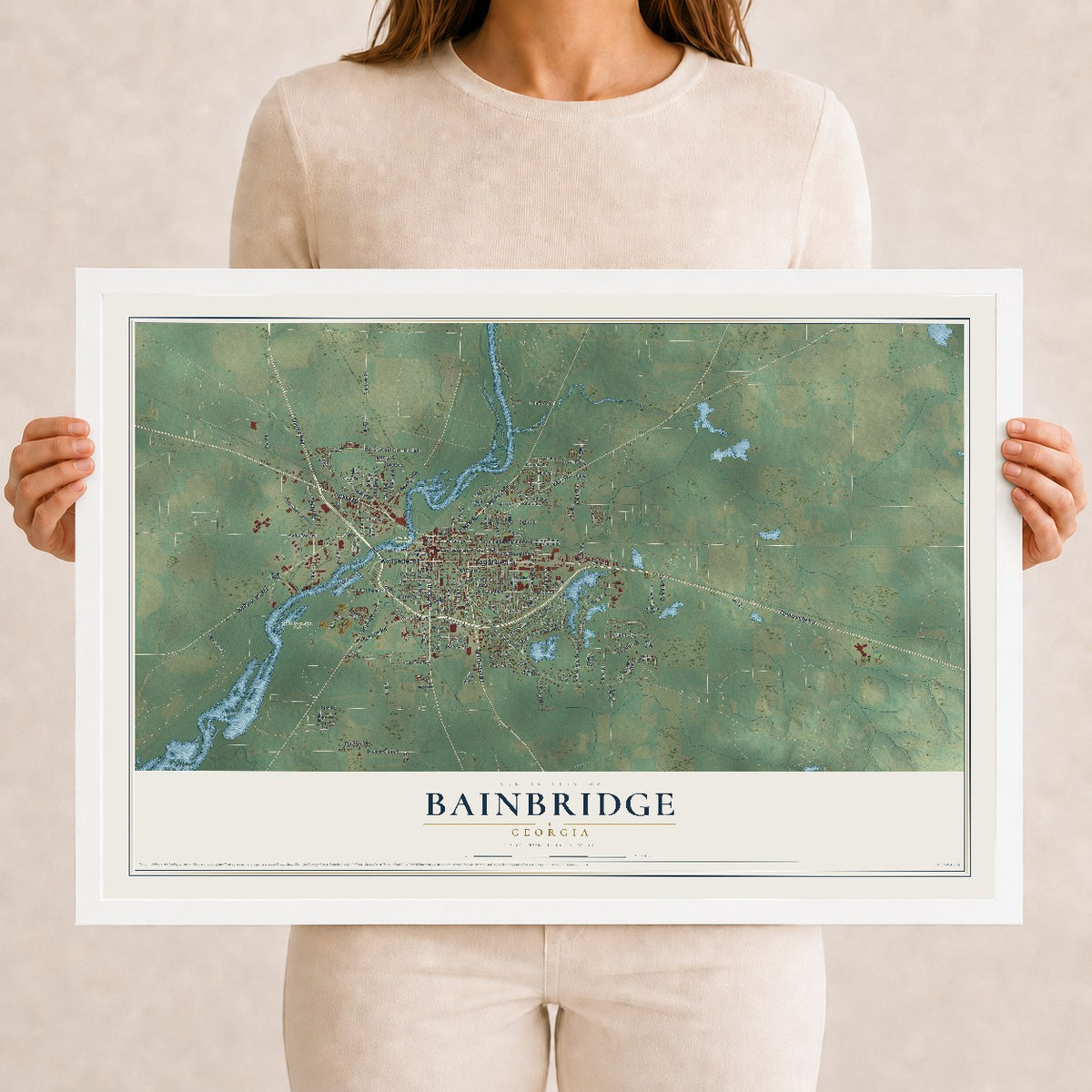 Bainbridge, Georgia map print, 12" x 18" W/ White Ayous Wood Frame mockup