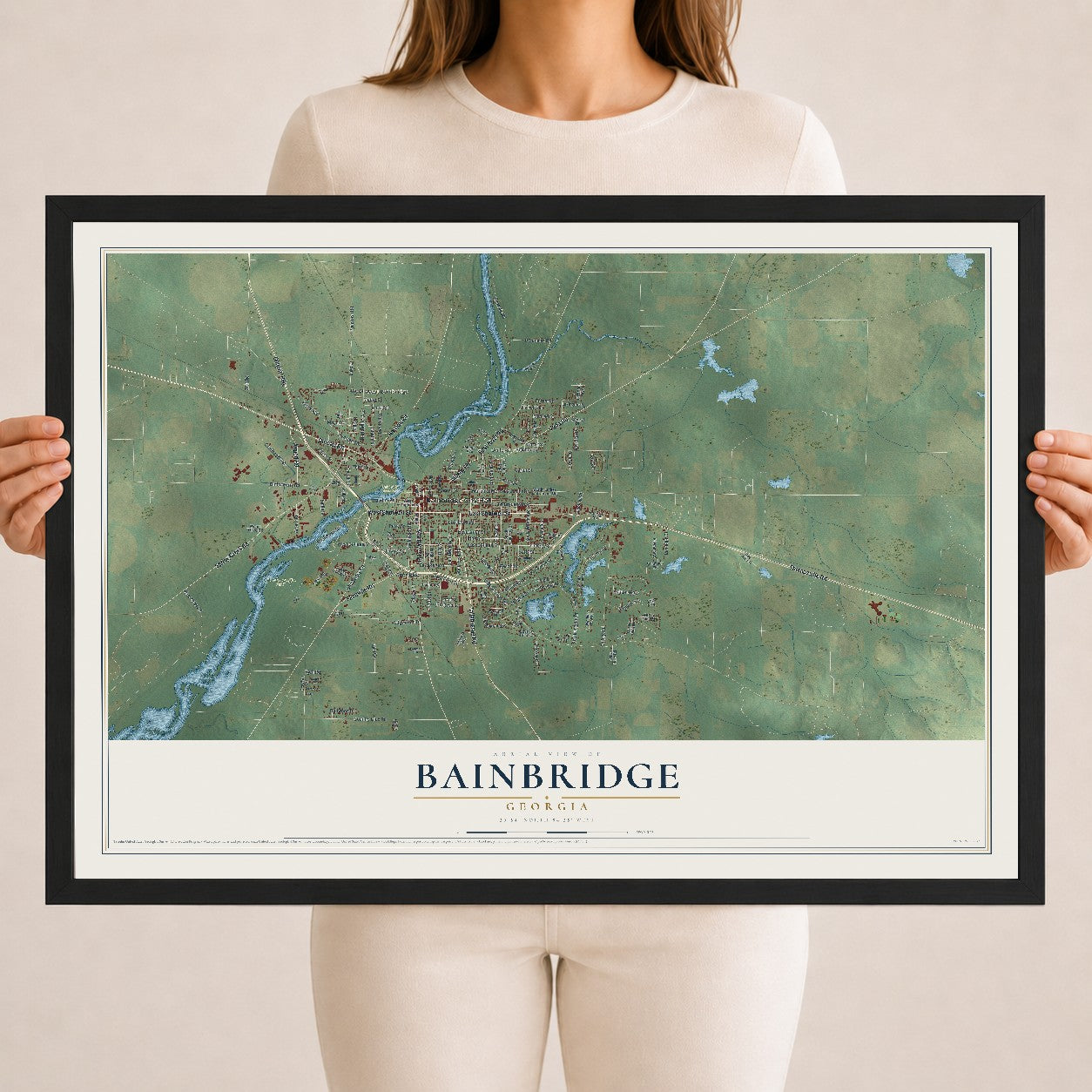 Bainbridge, Georgia map print, 18" x 24" W/ Black Ayous Wood Frame mockup