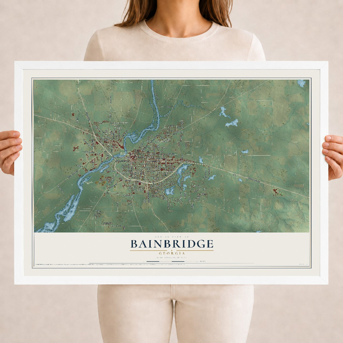 Bainbridge, Georgia map print, 18" x 24" W/ White Ayous Wood Frame mockup