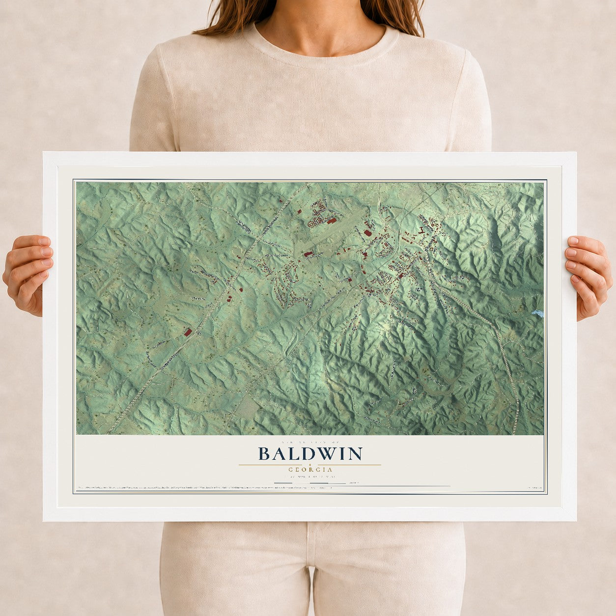 Baldwin, Georgia map print, 12" x 18" W/ White Ayous Wood Frame mockup