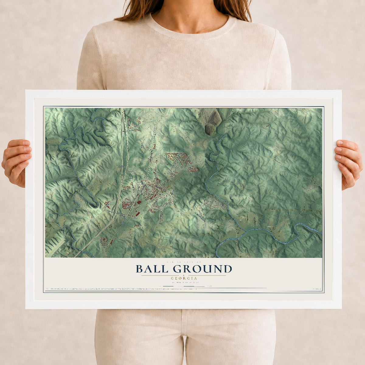 Ball Ground, Georgia map print, 12" x 18" W/ White Ayous Wood Frame mockup