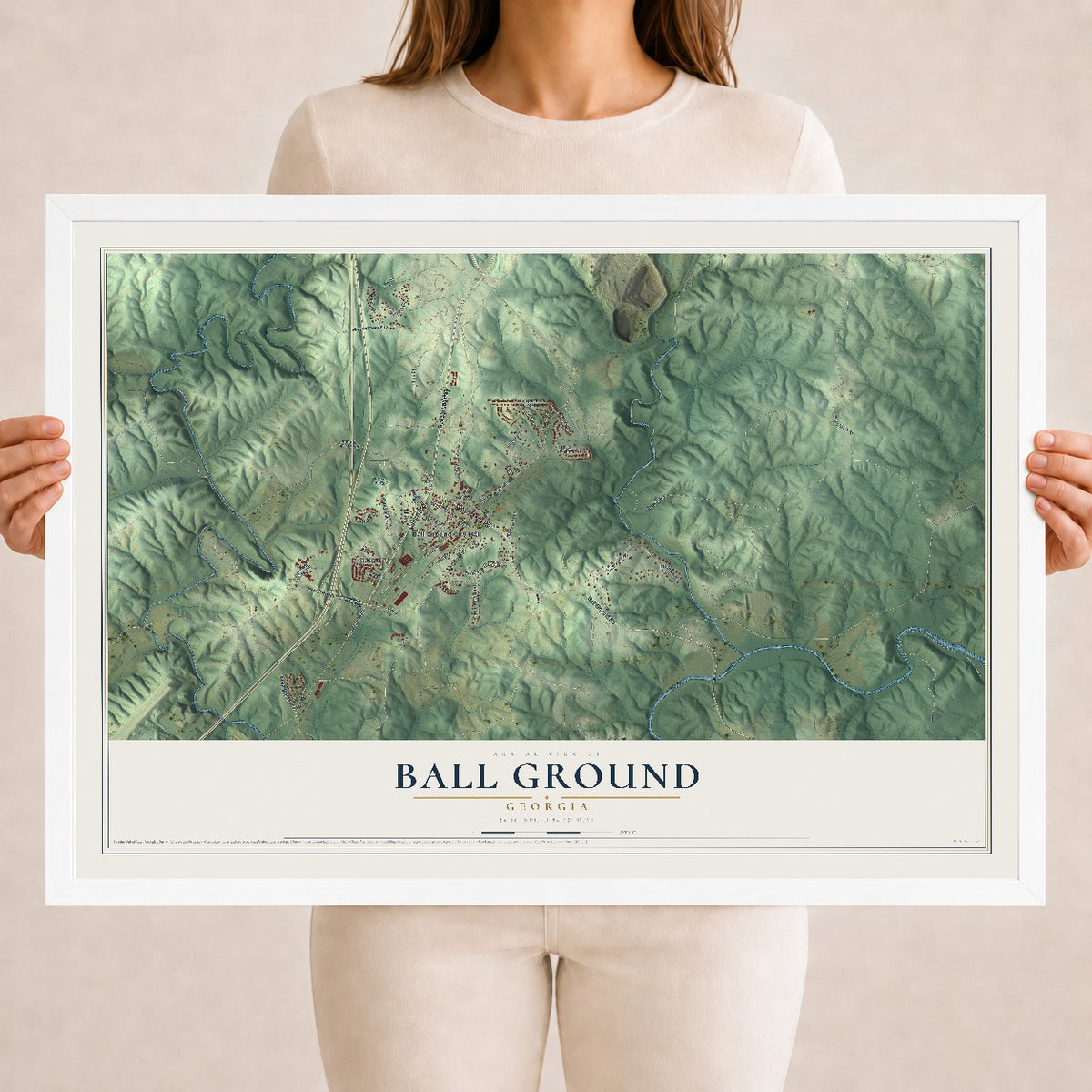 Ball Ground, Georgia map print, 18" x 24" W/ White Ayous Wood Frame mockup