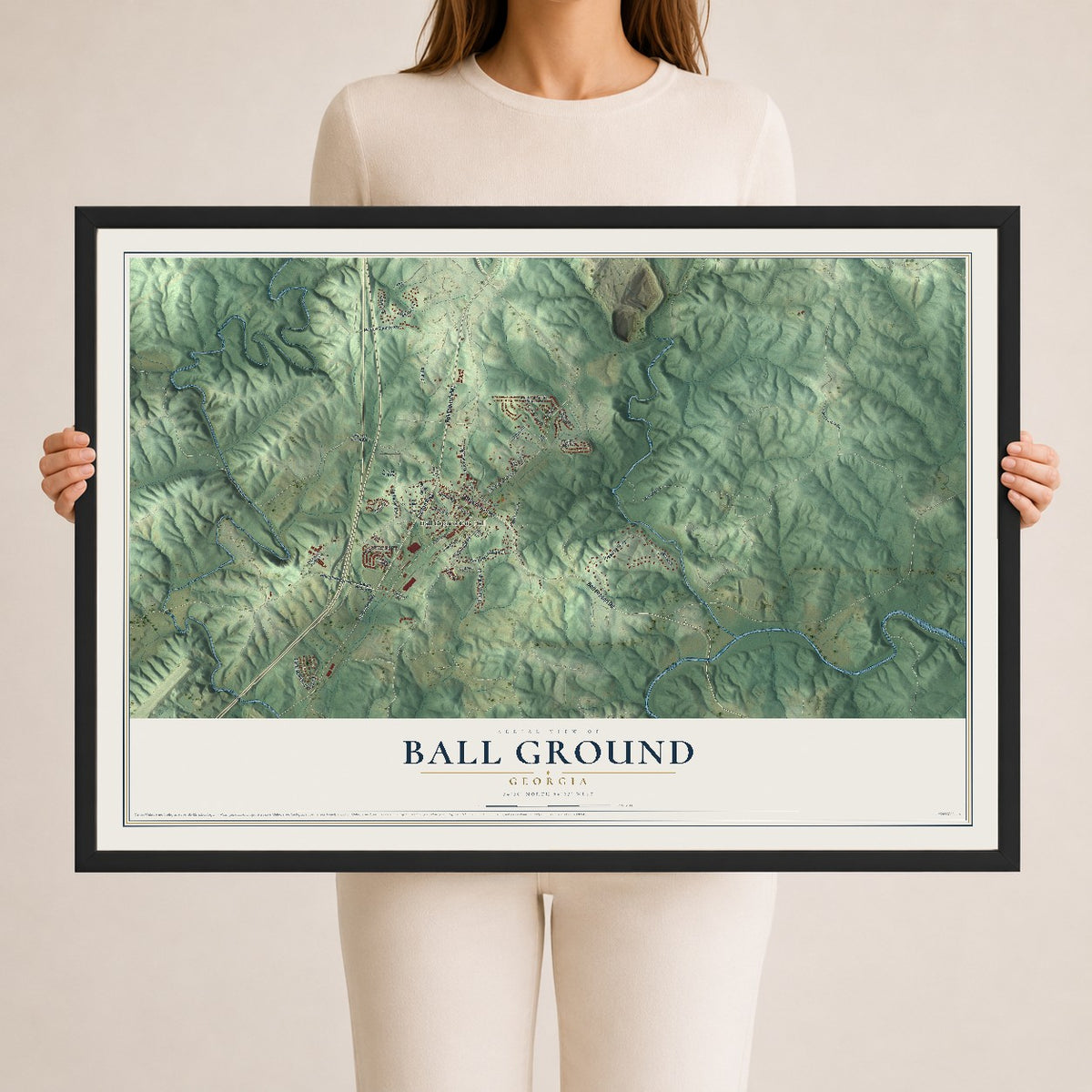 Ball Ground, Georgia map print, 24" x 36" W/ Black Ayous Wood Frame mockup