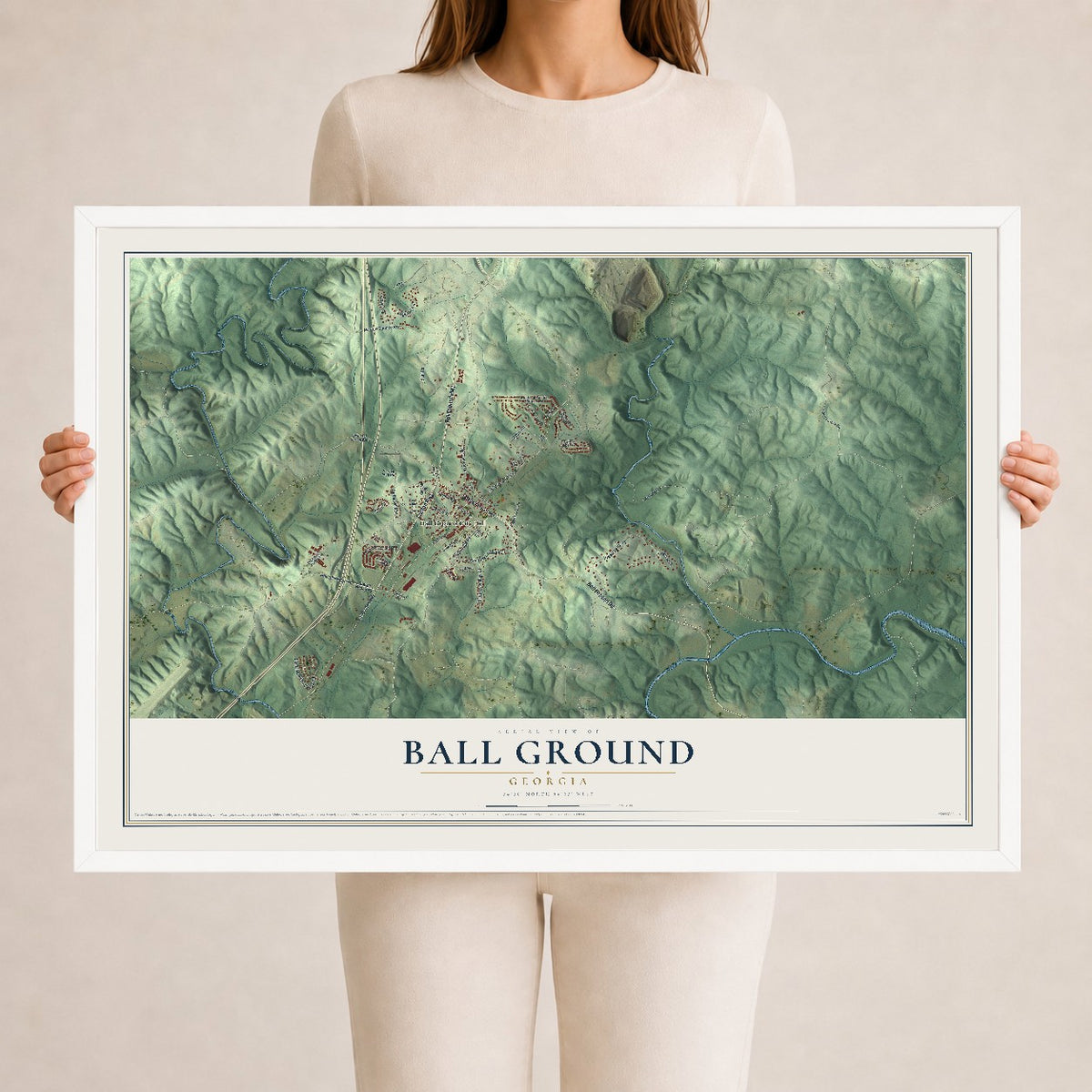 Ball Ground, Georgia map print, 24" x 36" W/ White Ayous Wood Frame mockup