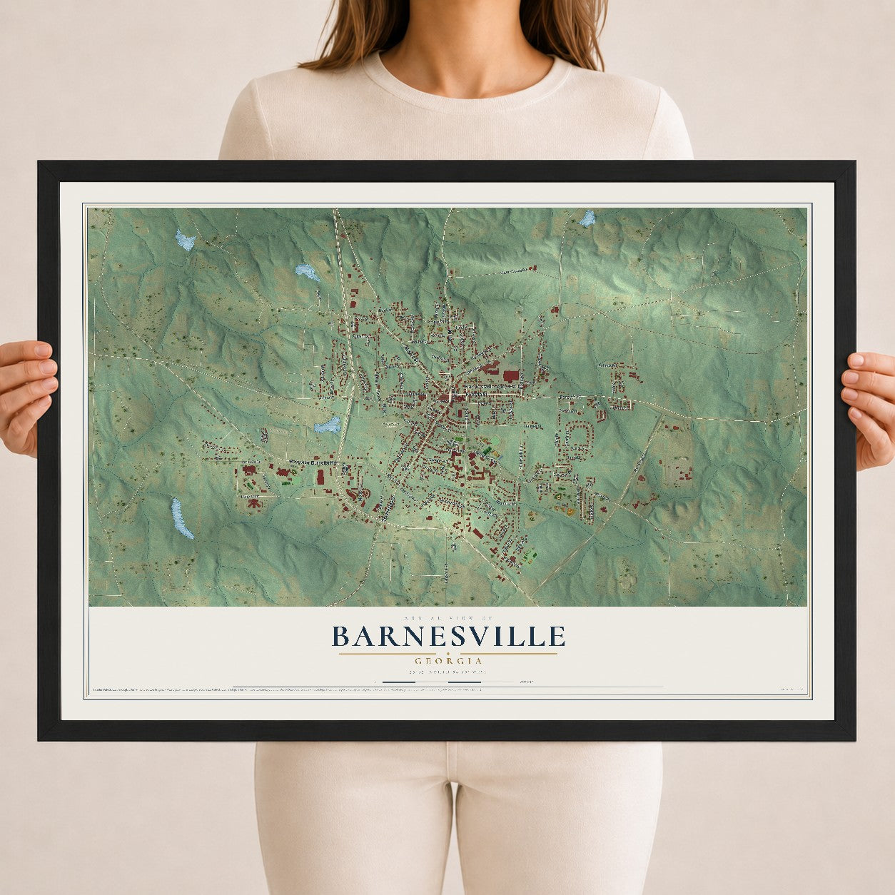 Barnesville, Georgia map print, 18" x 24" W/ Black Ayous Wood Frame mockup