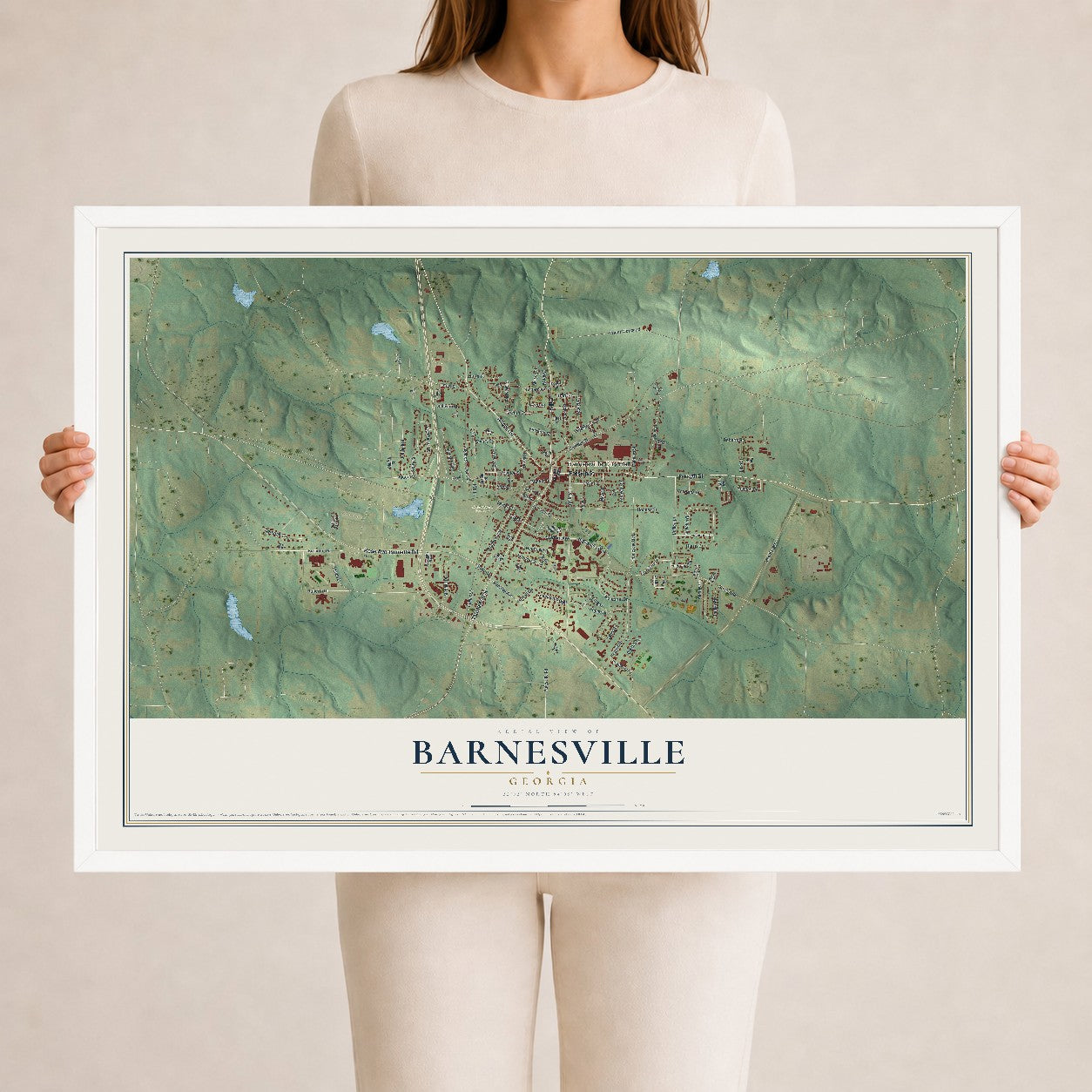 Barnesville, Georgia map print, 24" x 36" W/ White Ayous Wood Frame mockup