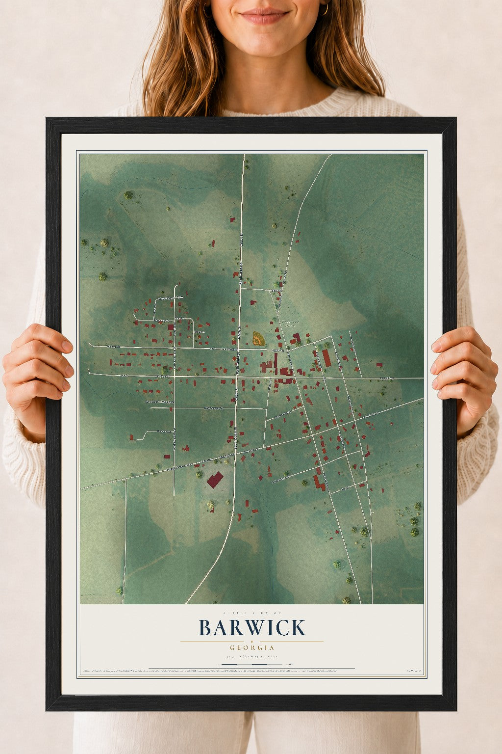 Barwick, Georgia map print, 18" x 24" W/ Black Ayous Wood Frame mockup