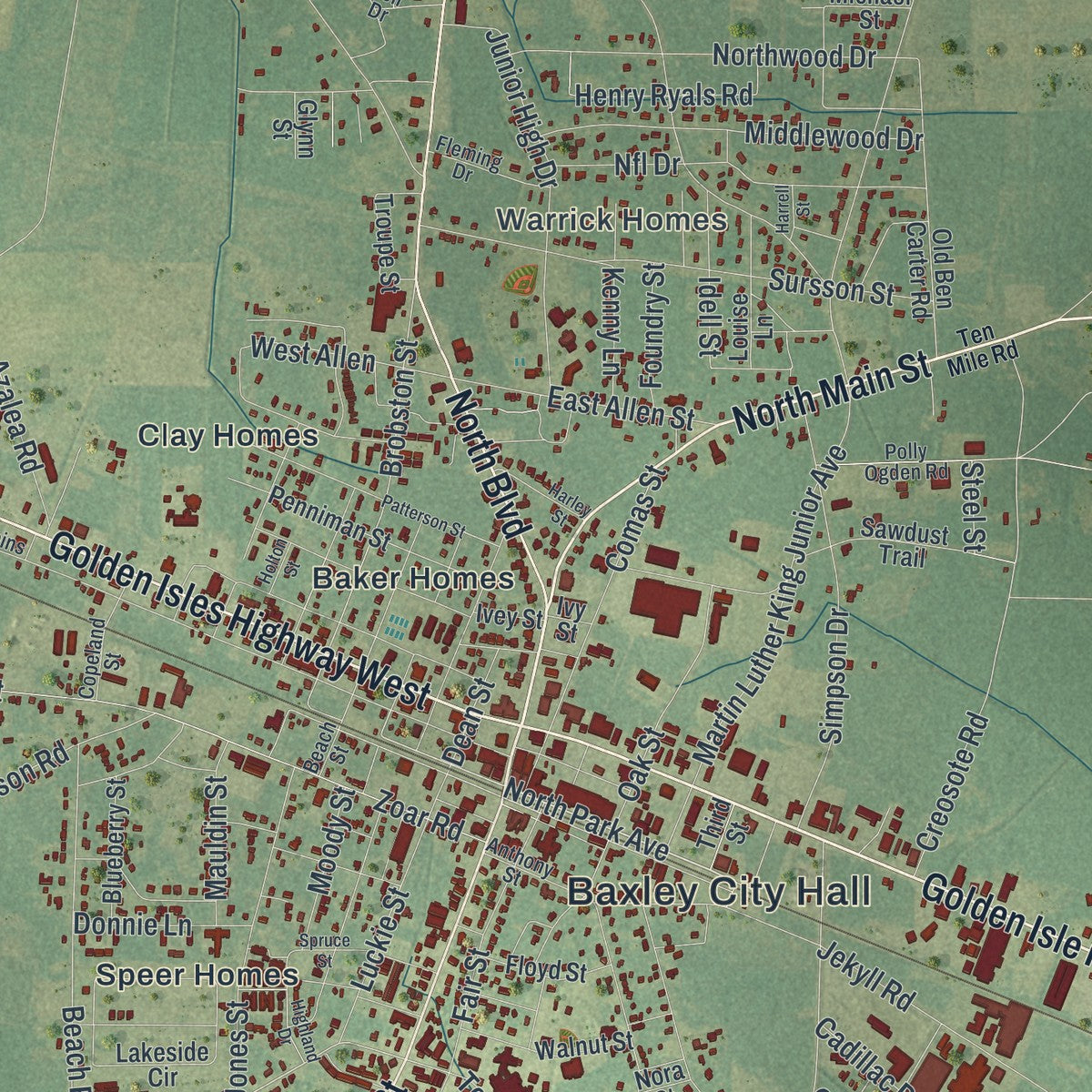 Close-up 1 of the Baxley, Georgia map artwork