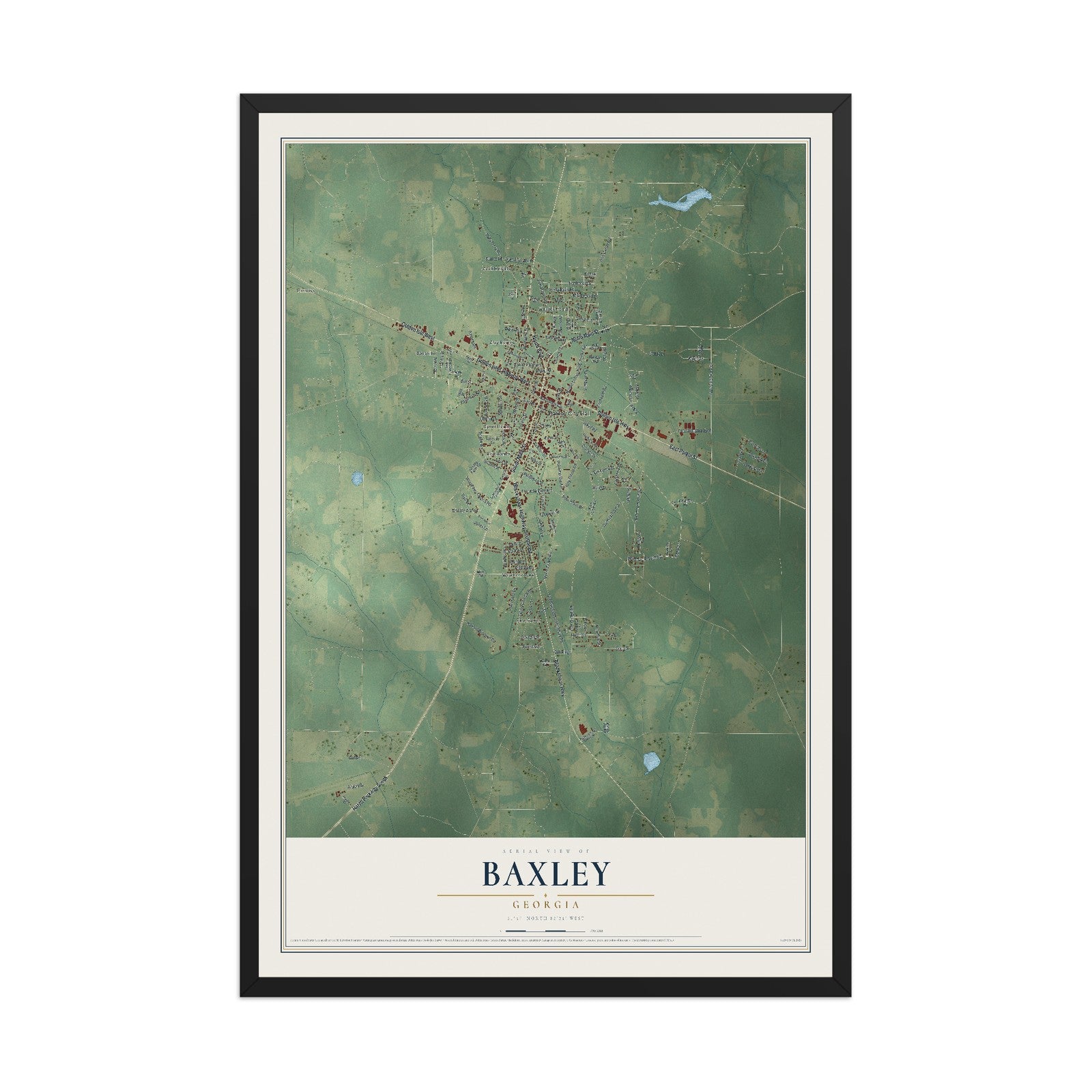 Baxley, Georgia map print, 12" x 18" W/ Black Ayous Wood Frame mockup